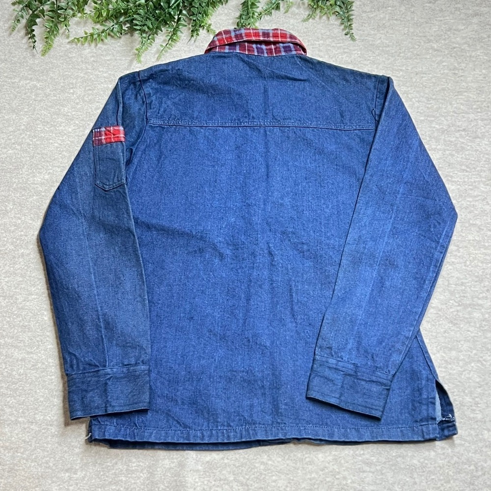 Vintage Martin Bernard Denim Shirt Jacket Mens Medium Blue Plaid Trim Cotton GUC - Picture 4 of 7